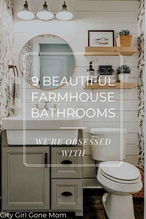 Need to update your bathroom? Check out these nine one-of-a-kind beautiful farmhouse bathrooms that, we have to admit, we're totally obsessed with. #farmhousedecor #homedecor #farmhousedesign #farmhousebathroom #bathroomrenovations Rustic Bathroom Accessories, Farmhouse Style Bathroom Vanity, Small Farmhouse Bathroom, Farmhouse Bathrooms, Farmhouse Bathroom Vanity, Bathroom Farmhouse Style, Cottage Bathroom, Modern Farmhouse Bathroom, Guest Bathrooms