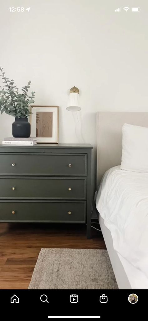 Small Green Dresser, Dresser Night Stand, Dressers As Side Tables, Neutral Bedroom Decor Dressers, Bedroom Dresser Under Tv Decor, Bedroom Dresser In Front Of Window, Pop Of Color Dresser, Nightstand Paint Colors, Dresser Nightstand Ideas Master Bedrooms