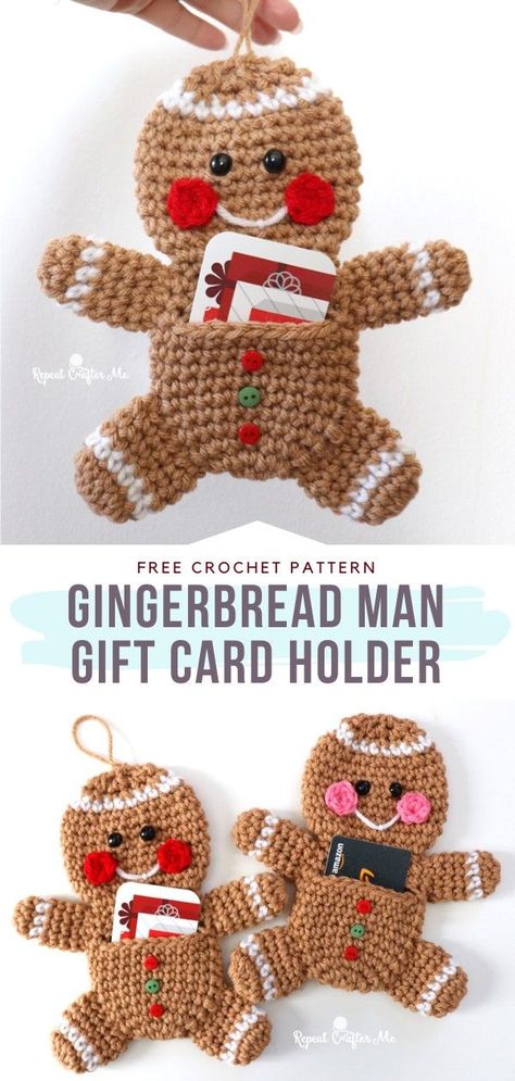 Crochet Gingerbread Man Gift Card Holder Gingerbread Crochet, Crochet Gingerbread Man, Crocheted Ornaments, Gingerbread Man Gift, Bernat Super Value Yarn, Crochet Gingerbread, Gingerbread Gifts, Quick Crochet Projects, Repeat Crafter Me