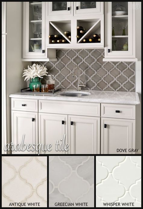 Fluid and feminine, classic and modern. Arabesque-shaped tiles offer a stunning look that was inspired by Moroccan tiles of the past. Mix and match shapes and patterns to create long-lasting, polished décor. Arabesque Tile Kitchen, Arabesque Tile Backsplash Kitchen, Gray Kitchen Backsplash, Arabesque Tile Backsplash, 1960s Kitchen Remodel, Kitchen Backsplash Trends, Backsplash Tile Design, White Kitchen Backsplash, Arabesque Tile