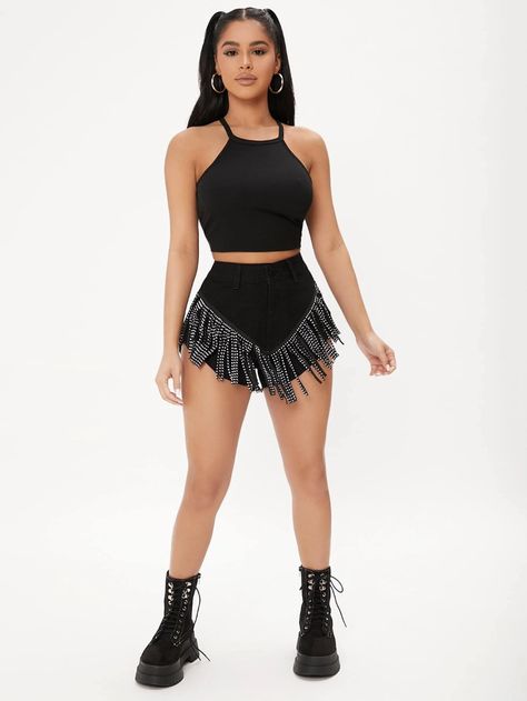 SHEIN PETITE High Waist Rhinestone Fringe Raw Hem Denim Shorts | SHEIN USA Fringe Shorts Outfit, Fringe Shorts, Women Denim Shorts, Nashville Bachelorette Party, Nashville Bachelorette, Rhinestone Fringe, Short Fringe, Shorts Outfit, Denim Shorts Women