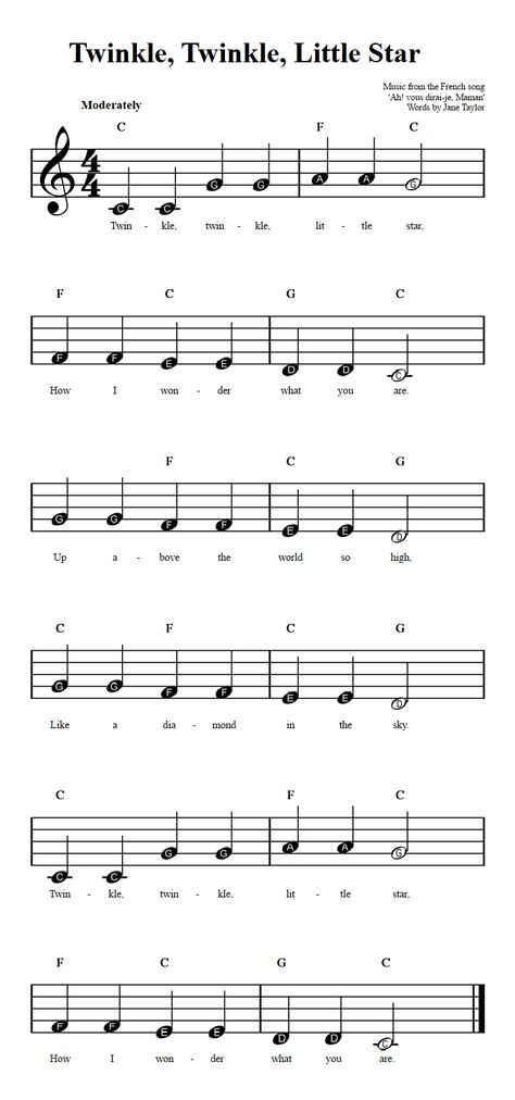 Twinkle, Twinkle, Little Star: Beginner Sheet Music with Chords and Lyrics Kid Piano Sheet Music, Beginners Music Sheets, Piano Sheet Beginner, Violin Beginner Notes, Flute Sheet Music For Beginners, Trumpet Music Sheets For Beginners, Easy Violin Sheet Music With Letters, Kids Piano Sheet Music Easy, Beginner Sheet Music Piano