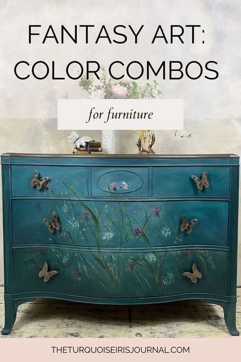 Learn how to paint fantasy inspired furniture with these tips from The Turquoise Iris Journal curator Renee Smith Feyre Painted, Art Color Combinations, Creative Painted Furniture, Turquoise Painted Furniture, Turquoise Furniture, Inspired Furniture, Learn How To Paint, Furniture Painting, Repurposed Furniture Diy