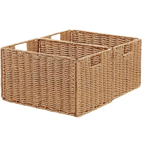 PRICES MAY VARY. Dimensions: The extra large storage basket measures 17.2''L x 12''W x 10.3''H medium baskets for storage. Size may vary within 1/4 inch due to handwoven design and manual measurement. Eco-firendly & Sturdy: The handcrafted woven basket made from a metal wire frame which is sturdy and strong enough to support a lot of weight. And these cube storage bins have built-in handles making them easy to pull on and off of shelves or cubbies. Collapsible Basket: You can fold the large bask Cube Storage Organizer, Shelves Decor, Organizer Bins, Wicker Storage, Wicker Basket, Cube Storage, Woven Paper, Storage Basket, Storage Baskets