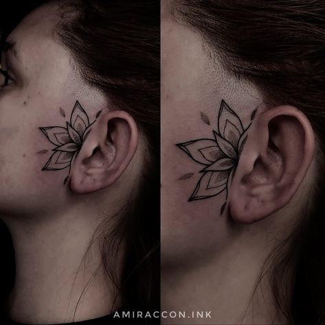 Ear Face Tattoos For Women, Lotus Flower Face Tattoo, Mandela Face Tattoo, In Front Of Ear Tattoos For Women, Front Ear Tattoo Women, Side Burn Tattoos For Women Face, Face Tats For Women, Front Ear Tattoo, Mandala Ear Tattoo