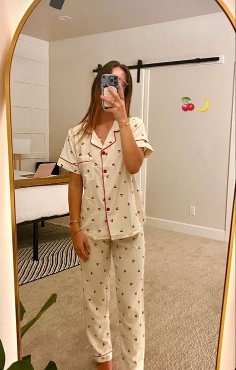 Cozy Sleep Outfits, Button Up Pjs Pajama Set, Night Dress For Women Shirt Pant, Night Pyjamas For Women, Pijama Set Aesthetic, Summer Night Suit For Women, Cute Night Suits For Women, Cherry Pajama Set, Night Suits For Women Pajama Set Summer