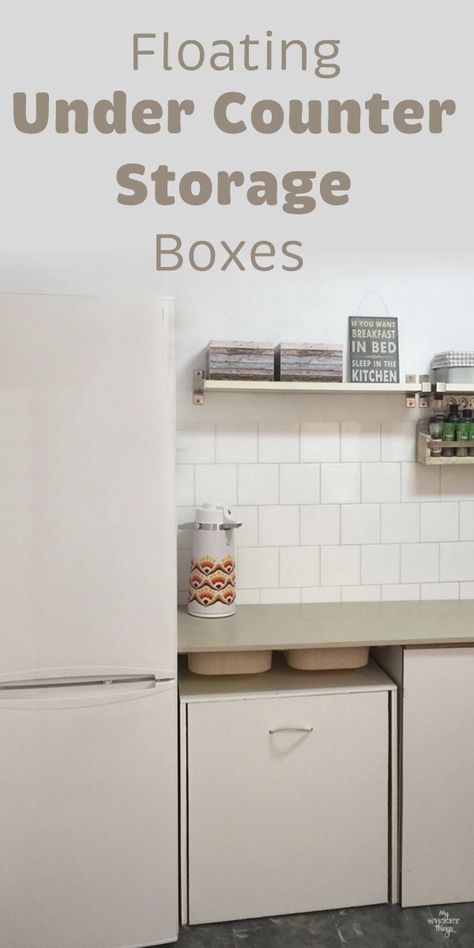 Floating under counter storage boxes · Kitchen makeover #kitchen #storage #counter #boxes #ikeahack Under Kitchen Counter Storage Ideas, Under Bar Counter Ideas Storage, Under Counter Storage, Counter Top Storage, Kitchen Counter Storage, Counter Storage, Makeover Kitchen, Stackable Bins, Glass Front Cabinets