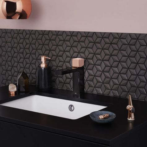 Rose Gold Kitchen, Industrial Style Bathroom, Black And White Bathroom, Modern Sink, Black And White Tiles, Master Decor, Gold Kitchen, Gold Bathroom, Tile Inspiration