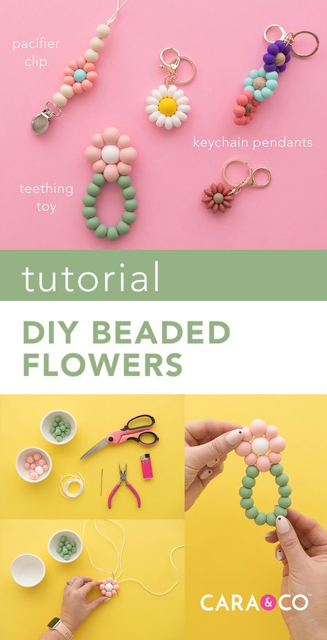 Flower With Beads How To Make, Beaded Ideas Crafts, Making Beaded Keychains, Silicone Jewelry Diy, Silicone Bead Flower Keychain, Diy Silicone Keychain, Silicone Bead Teethers Diy, Diy Silicone Beads, How To Make Silicone Beads