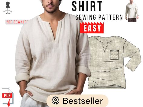 Mens Peasant Shirt Pattern, Men’s Shirt Pattern, Mens Shirt Pattern Sewing, Men Sewing Patterns, Barbarian Cosplay, Linen Shirt Pattern, Mens Sewing, Men Boho, Mens Shirt Pattern