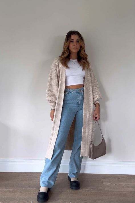 Beige knitted longline cardigan curated on LTK Outfits With Long Beige Cardigan, Long Cardigan Aesthetic, Tan Cardigan Outfit Winter, White Long Cardigan Outfit, Beige Long Cardigan Outfit, Cream Cardigan Outfit Winter, Long Beige Cardigan Outfit, Long Knit Cardigan Outfit, Longline Cardigan Outfit