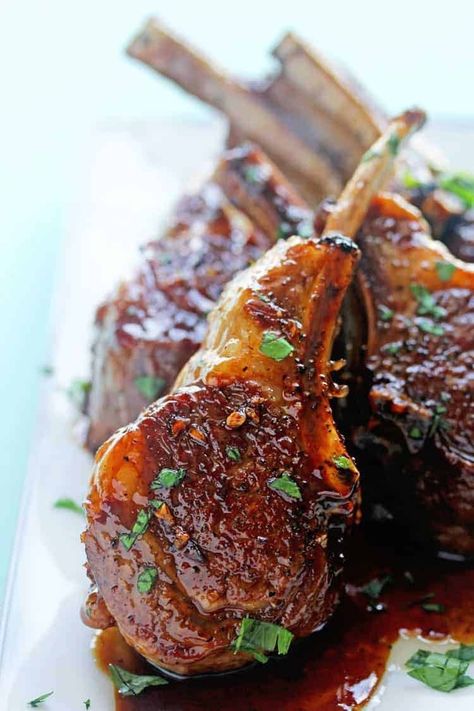 This Balsamic Brown Sugar Lamb Chops recipe is savory and rich goodness with sweetness to boot!  Juicy lamb chops are seared then basted in a flavorful luscious sauce that’s super easy to make! Grandbaby Cakes, Lamb Chop Recipes, Lamb Chop, Lamb Dishes, Tasty Lunch, Rack Of Lamb, Barefoot Contessa, Wine Sauce, God Mat