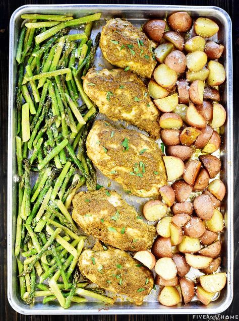 Sheet Pan Chicken and Veggies ~ a flavorful, quick and easy, complete dinner recipe that bakes up on just one pan, featuring pesto-coated chicken breasts and roasted potatoes and asparagus! | FiveHeartHome.com Roasted Potatoes And Asparagus, Sheet Pan Chicken And Veggies, Pan Asparagus, Pan Chicken And Veggies, Pan Dinner Recipes, Potatoes And Asparagus, Baked Greek Chicken, Bbq Chicken Breast, Honey Bbq Chicken