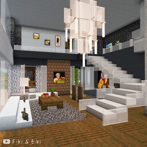 Minecraft build videos on our YouTube channel: Fiki & Biki 🐔 Minecraft Townhouse Interior, Modern Minecraft Stairs, Minecraft Modern Chandelier, Cute Modern Minecraft Houses, Modern House Ideas Minecraft, Minecraft Bedroom Ideas Game Modern, Mincraft Home Ideas, Modern Minecraft Interior, Minecraft Toturial