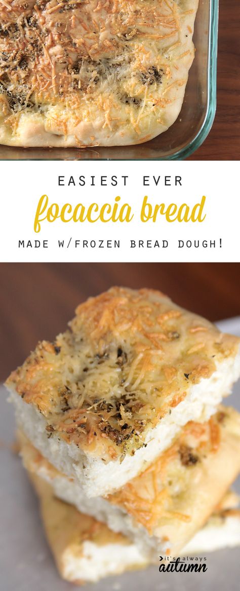 This focaccia bread is super easy to make because it starts with frozen bread dough, but it tastes amazing thanks to garlic and herbs. Best easy bread recipe ever! Focaccia Bread With Pizza Dough, Foccacia Bread With Rhodes Rolls, Bread From Frozen Dough, Frozen Bread Dough Recipes Ideas, Boat Lunches, Recipes Background, Rhodes Bread Dough Recipes, Frozen Dough Recipes, Frozen Pizza Dough