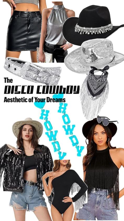 Thanks to Beyoncé's 'Renaissance' (and her viral disco cowboy hat), the disco cowgirl aesthetic is trending. Here's how to get the look with statement items ranging from sparkly silver belts to black leather skirts—and shirts and accessories with all the fringe of your cowgirl dreams. The best part? These items are all available on Amazon and just one click away. Disco Cowgirl Aesthetic, Disco Cowboy Hat, Disco Cowboy, Cowboy Aesthetic, Disco Cowgirl, Cowgirl Aesthetic, Leather Skirts, Silver Belts, Black Leather Skirts