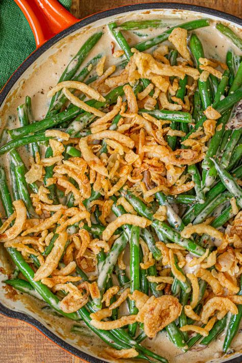 Stovetop Green Bean Casserole in skillet with French onions Canned Onions, Stove Top Green Beans, Ultimate Green Bean Casserole, Fresh Green Bean Casserole, Keri Soup, Creamy Green Beans, Cheesy Green Bean Casserole, Healthy Green Beans, Best Green Bean Casserole