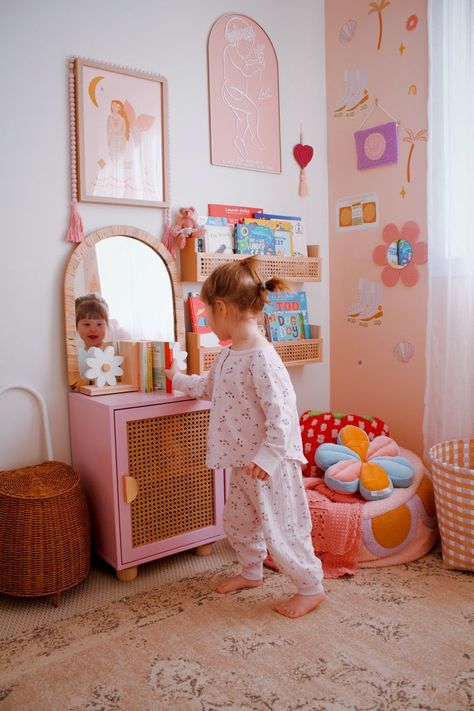 Cozy Toddler Girl Room, Toddler Reading Nook Girl, Girly Kids Room, Girls Room Reading Corner, Toddler Girl Room Colorful, Groovy Toddler Room, Flower Toddler Room, Reading Nook Toddler Room, Toddler Girl Reading Corner