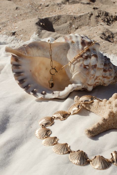 Gold necklace with sea shell horn charm on beach | À la collection jewellery Necklaces Shell, Jewelry Product Shots, Creative Jewelry Photography, Jewelry Photography Styling, Jewelry Editorial, Jewelry Photoshoot, Beach Necklaces, Shell Necklace, Jewelry Photography