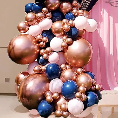 Navy Blue Balloon Garland, Pastel Pink Balloons, Gold Chrome Balloons, Navy Blue Balloons, Blue Balloon Garland, Party Balloon Garland, Pink Graduation Party, Royal Blue Wedding Theme, Blue Graduation Party