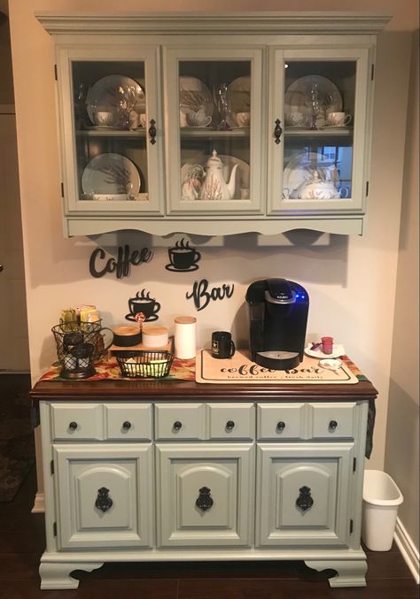 Created this from a old china cabinet. I used Heirloom Traditions Paint in The color London. China Cabinet Used As Kitchen Cabinets, China Cabinet Split In Half, Coffee Bar China Cabinets, China Cabinet Coffee Bar Diy, Hutch Into Coffee Bar, China Cabinet Bar Makeover, Hutch Makeover Coffee Bar, Repurposed Coffee Bar, China Cabinet Coffee Bar