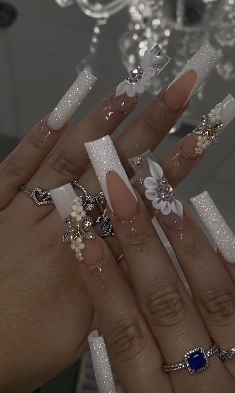 Quince Nails, Quinceanera Nails, French Tip Acrylic Nails, Long Acrylic Nails Coffin, Long Acrylic, Long Square Acrylic Nails, Tip Nails, Gem Nails, Designs Nail