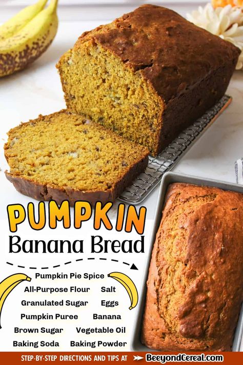 Made with pumpkin puree, ripe bananas, and warm spices this pumpkin banana bread is a perfect treat for fall. Make a large loaf of delicious fall flavors with this quick bread recipe. Pumpkin Banana Bread, Quick Bread Recipe, Mini Loaf Pan, Homemade Pumpkin Puree, Pumpkin Banana, Mini Loaf, Fall Flavors, Pumpkin Pie Filling, Ripe Bananas