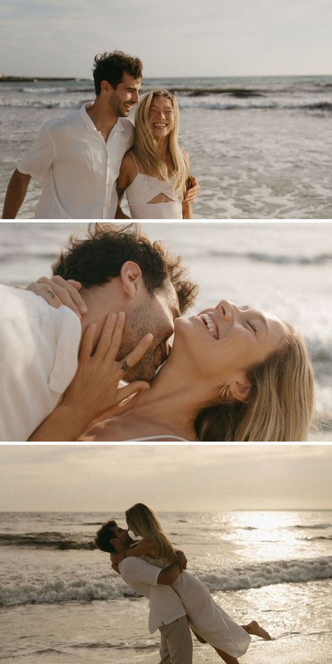 Beach Engagement Announcement in Spain | Engagement Photographer | Beach engagement photos. Imagine your love story unfolding on the golden sands of Spain, captured beautifully in a documentary-style engagement photoshoot. Get inspired with beach engagement setup, beach engagement photos, engagement documentary style and fun engagement photos summer. Book Graciela to capture your dreamy destination engagement at gracielaelenaphotography.com. Beach Pictures Poses Couples Engagement Photography, Emma Macdonald Engagement, Engagement Pics On Beach, White Tee Engagement Photos, Sand Engagement Photos, Lake Beach Photoshoot, Beach Fall Engagement Photos, Romantic Beach Couple Photos, Fun Beach Photoshoot