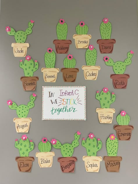 Cactus Classroom Bulletin Board, Succulent Bulletin Board Ideas, Cactus Door, Classroom Wreath, Bulletin Boards Theme, Bulletin Boards Classroom Decor, Cactus Craft, Classroom Decor High School, Infant Classroom