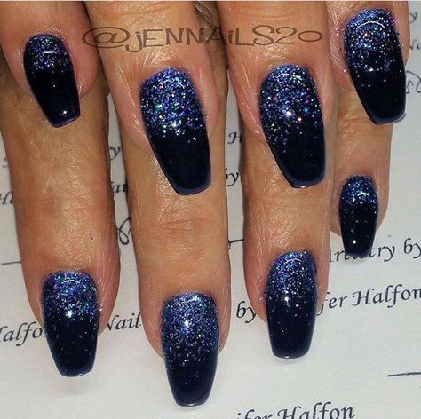 Black and blue glitter nails Nails To Go With Dark Blue Sparkly Dress, Blue And Silver Prom Nails Acrylic, Nails Acrylic Black Sparkle, Dark Blue And Silver Glitter Nails, Navy And Silver Glitter Nails, Black And Blue Sparkle Nails, Black And Blue Hoco Nails, Deep Blue Sparkle Nails, Black Nails With Blue Accent Nail