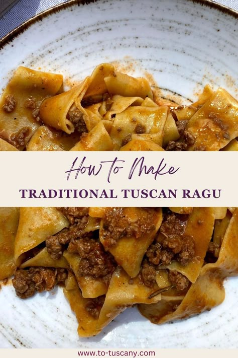 Transport yourself to the heart of Tuscany with this traditional Tuscan ragu recipe. Slow cooked to perfection with a blend of minced beef and pork, tomatoes, and red wine. Serve with pappardelle pasta and top with lots of parmesan. Simple and delicious! -- food | italian | italian food | tuscan food | tuscan food recipe | tuscany italy | traditional tuscan food | tuscan ragu | tuscan cuisine | travel guide | tuscan recipes | authentic recipe Tuscan Style Food, Authentic Italian Cuisine, Traditional Tuscan Recipes, Tuscan Sauce Recipe, Tuscan Recipes Authentic, Tuscan Ragu Recipe, Tuscan Pasta Recipes, Tuscan Ragu, Tuscan Dinner Party