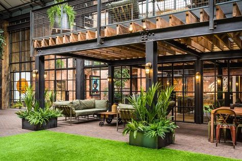 Glasshouse Restaurant Design, Industrial Courtyard, Industrial House Exterior, Industrial Outdoor, Live Work Space, Restaurant Exterior, Warehouse Home, Warehouse Design, 카페 인테리어 디자인