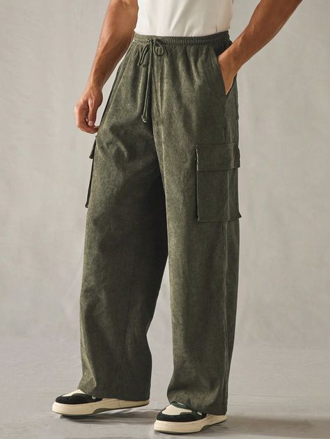 Men's Casual Loose Straight Leg Elastic Waist Woven Trousers In Solid Colors Army Green Casual   Woven Fabric Plain Straight Leg Non-Stretch  Men Clothing, size features are:Bust: ,Length: ,Sleeve Length: Mens Trouser, Army Trousers, Trouser Fashion, Printed Sleeveless Top, Couple Matching, Dark Jeans, Elegant Dresses Long, Men Clothing, Mens Bottom