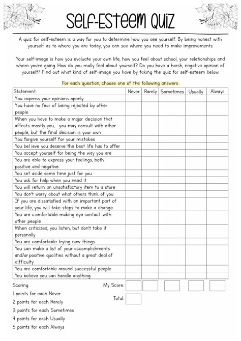 Self-Esteem Assessment Worksheet for Adults Selfcare Worksheets, Worksheets For Adults, Group Therapy Activities, Counselling Tools, Self Care Worksheets, Counseling Worksheets, Self Esteem Worksheets, Self Esteem Activities, Mental Health Activities