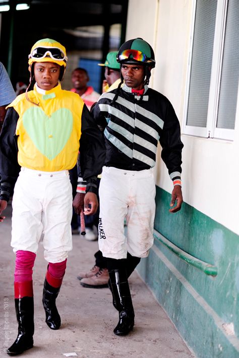 Jamaican Jockeys at Caymanas Park Racetrack, Jamaica. Kentucky Derby Jockey Outfit, Gambler Aesthetic Outfit, Horse Jockey Outfit, Jockey Silks, Jockey Outfit, Spring Carnival, Derby Ideas, Jamaican Culture, Street Style Aesthetic