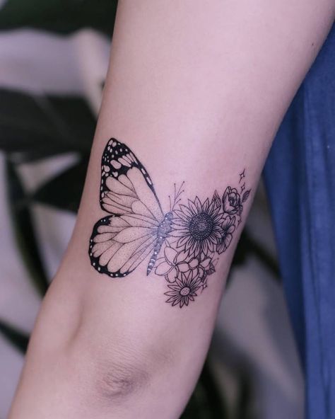 Half butterfly half flowers Wrist Tattoos For Women Butterfly, Butterfly Half Flower Tattoo, Half Butterfly Half Flower Tattoo, Beautiful Butterfly Tattoos, Half Flower Tattoo, Butterfly Tats, Mens Butterfly Tattoo, Butterfly Tattoos Images, Half Butterfly