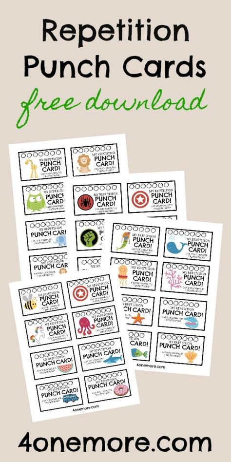 Looking for a fun way to keep track of skills practice or repeated tasks? Download our free repetition punch cards. Seven different sets included @4onemore.com Punch Card Template Free Printable, Punch Cards For Kids Reward System, Preschool Freebies, Behavior Punch Cards, Kids Punch, Positive Behavior Support, Homeschooling Tips, Kids Homework, Homeschooling Resources