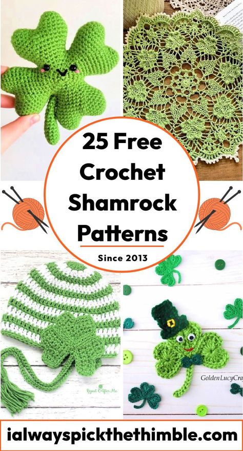 25 Free Crochet Shamrock Patterns (Printable Pattern) Free St Patrick’s Day Crochet Patterns, St Pattys Day Crochet Free Pattern, Saint Patricks Day Crochet Patterns, Crochet Shamrock Free Pattern Simple, St Patrick Crochet Patterns Free, Shamrock Crochet Pattern, Shamrock Crochet Pattern Free, Crochet Clover Free Pattern, Crochet Shamrock Free Pattern