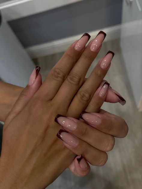 Square Nail Designs Dark Colors, Long Nails Autumn, Brown On Brown French Nails, Brown French Nails With Design, Brown Nails Acrylic French Tip, Mocha French Tip Nails, Brown Tip French Nails, French Square Nails Design, Chocolate Brown French Tip Nails