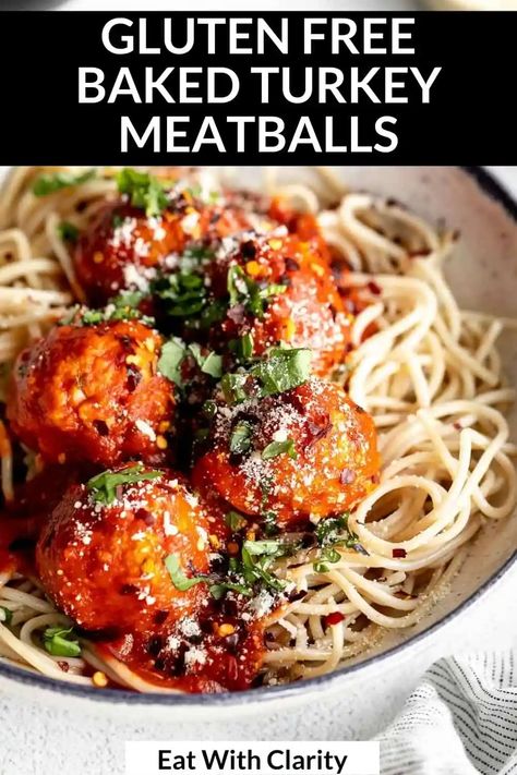 These gluten free turkey meatballs are the perfect healthy recipe to meal prep! They're baked, not fried, filled with fresh herbs and so easy to make. They're ready in 30 minutes and perfect served over gluten free spaghetti. Turkey Meatballs Gluten Free, Oven Baked Turkey Meatballs, Turkey Meatball Spaghetti, Gluten Free Meatballs Recipe, Meatballs Gluten Free, Meal Prep Freezer, Gluten Free Turkey Meatballs, Easy Turkey Meatballs, Quick Vegetarian Dinner