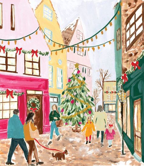 Christmas Winter Scene, Scenery Illustration, Town Painting, Town Drawing, English Town, Cute Christmas Stockings, Xmas Pictures, Watercolor Christmas Tree, Snowy Christmas