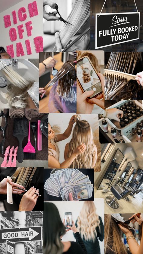 Salon Vision Board Ideas, Cosmatolagist Aesthetic Hair, Cosmology Aesthetic Hair, Cosmetology Collage, Hairdresser Vision Board, Beauty Career Aesthetic, Cosmetology School Hairstyles, Hair Stylist Life Aesthetic, Cosmetology Portfolio Ideas