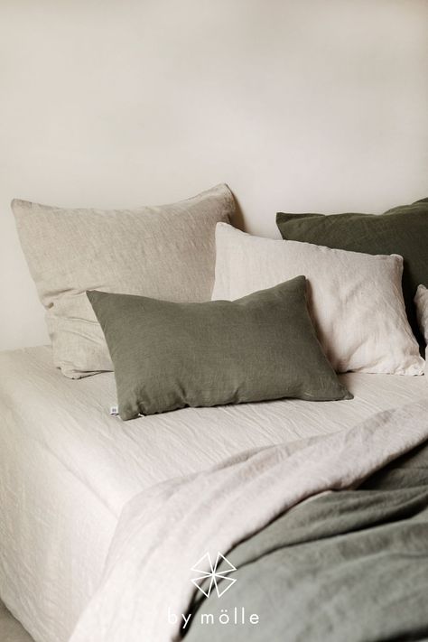 Green Linen Bedding Styling, Sage Green Linen Bedding, Olive Green Bedding Aesthetic, Gray Upholstered Bed Decor Ideas, Green Linen Sheets, Light Gray Upholstered Bed, Olive Bedding, Green Bedding Ideas, Olive Green Bedding