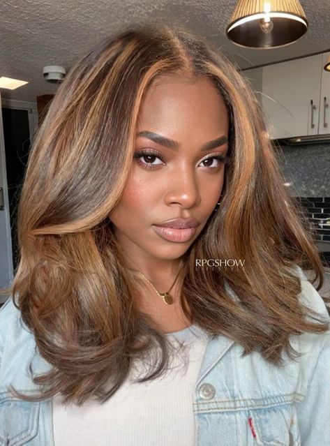 Color Black Women Hair, Low Lights On Black Women, Light Brown Hair For Black Women, Natural Lace Front Wigs Black Women, Black Hair With Highlights Sew In, Black Natural Hair With Brown Highlights, Brown Skin Colored Hair, Fall Color Hair For Black Women, Blonde Highlight Bob Black Women