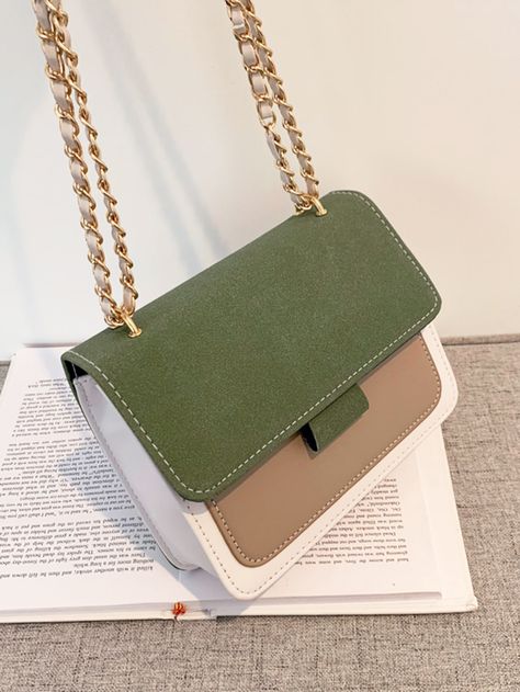 Green Fashionable   PU Leather Colorblock Square Bag    Women Bags Ladies Purses Handbags Style, Designer Handbag Storage, Women Bags Fashion Handbags, Side Purse, Classy Purses, Sweet Disposition, Spring Purses, Side Purses, Modern Handbag