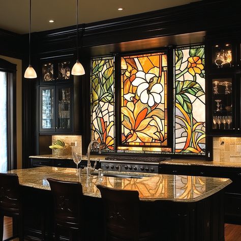 A stained glass kitchen is a vibrant and artistic space where functionality meets timeless beauty. The cabinets and windows are adorned with intricate stained glass panels that catch the light, casting colorful reflections throughout the room. Each piece of stained glass is carefully crafted, featuring patterns inspired by nature, geometric designs, or abstract art, creating a unique and personalized aesthetic. The interplay of light through the glass transforms the kitchen into a dynamic env... Stain Glass Windows In Homes, Stained Glass Windows Aesthetic, Stained Glass Kitchen Window, Stained Glass Kitchen, Stained Glass Cabinet, Steakhouse Design, Stained Glass Cabinets, Glass Cabinet Door, Kitchen Mood Board