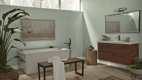 Bathrooms are like a mini-retreat within our homes, where we go to feel clean and refreshed. The best colors for this room are cool and soothing, like... | 3 Jojoba in the Bathroom Behr Paint Colors For Bathroom, Behr Bathroom Paint Colors, Best Behr Paint Colors, Paint Colors For Bathroom, Relaxing Bathroom Colors, Painting Over Paneling, Popular Bathroom Colors, Behr Exterior Paint, Paint Color Visualizer