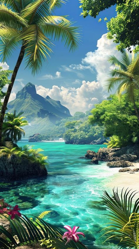 Tropical landscape outdoors tropics. | premium image by rawpixel.com Tropical Background Landscape, Aesthetic Island Pictures, Summer Landscape Wallpaper, Summer Vibes Background, Tropical Beach Aesthetic, Seaside Images, Wallpaper Beach Aesthetic, Iphone Wallpaper Beach, Tropical Images