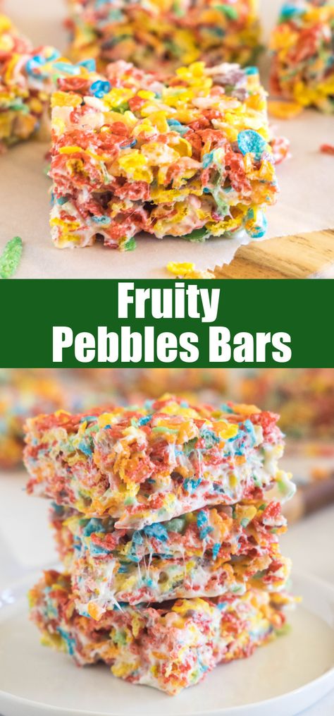 Just 4 ingredients to make the sweet, fruity, and delicious Fruity Pebbles Bars. A fun twist on a classic for a whole new treat. Fruity Pebbles Bars, Cafe Meals, Kid Friendly Desserts, Fruity Pebble Bars, Softball Poses, Fruity Pebbles Treats, Easter Rice Krispie Treats, Mouthwatering Desserts, Fruity Pebble