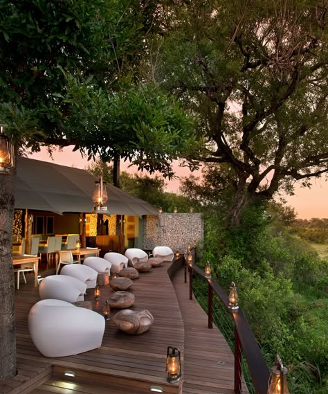 Safari Glamping, Resorts Design, South Africa Honeymoon, Outdoor Restaurant Patio, Africa Honeymoon, River Restaurant, Bush Lodge, Luxury African Safari, Tented Camp